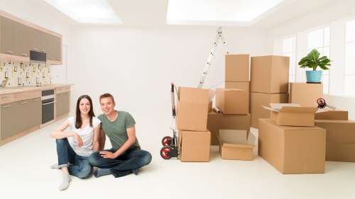 Packed boxes ready for student storage in Feltham